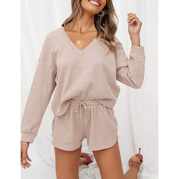 Women's Long Sleeve Waffle Lounge Sets V Neck Top and Shorts 2 Piece Pajama Set Outfits