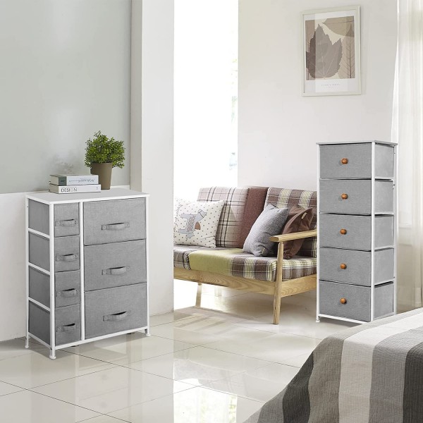 Storage Tower with 7 Drawers, 3 4 Tier Dresser for Bedroom, Closet Organizer Unit Furniture, Corner Chest Bin Organization for Living Room, Dorm, Steel Frame Easy Pull Fabric Bins, Wooden Top