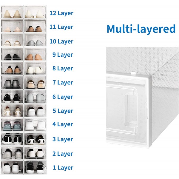 12 Pack Shoe Storage Boxes, Clear Plastic Stackable Shoe Organizer Bins, Drawer Type Front Opening Shoe Holder Containers