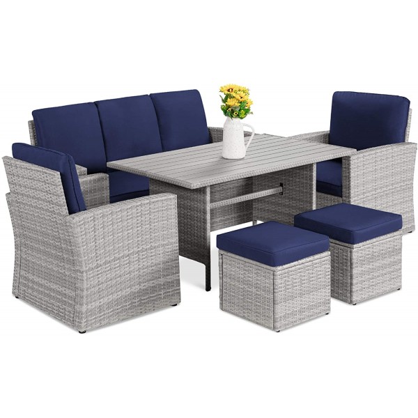 7-Seater Conversation Wicker Sofa Dining Table, Outdoor Patio Furniture Set w/Modular 6 Pieces, Cushions, Protective Cover Included - Gray/Navy