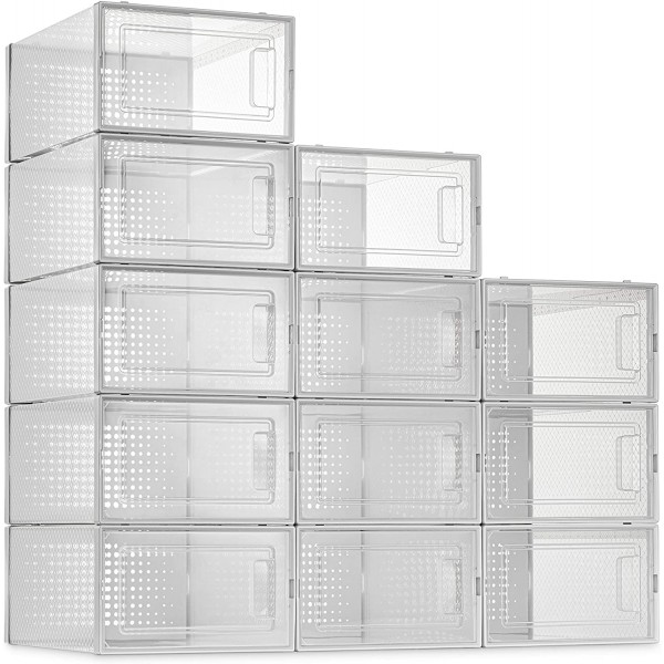 12 Pack Shoe Storage Boxes, Clear Plastic Stackable Shoe Organizer Bins, Drawer Type Front Opening Shoe Holder Containers