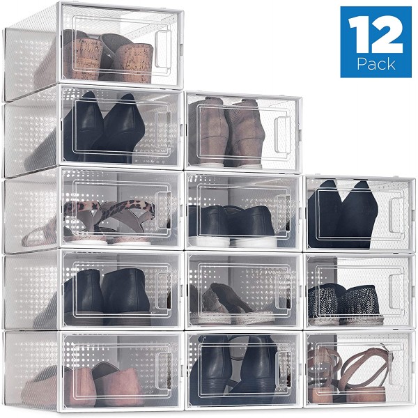 12 Pack Shoe Storage Boxes, Clear Plastic Stackable Shoe Organizer Bins, Drawer Type Front Opening Shoe Holder Containers