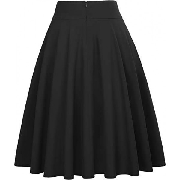  Women's High Waist A-Line Pockets Skirt Skater Flared Midi Skirt