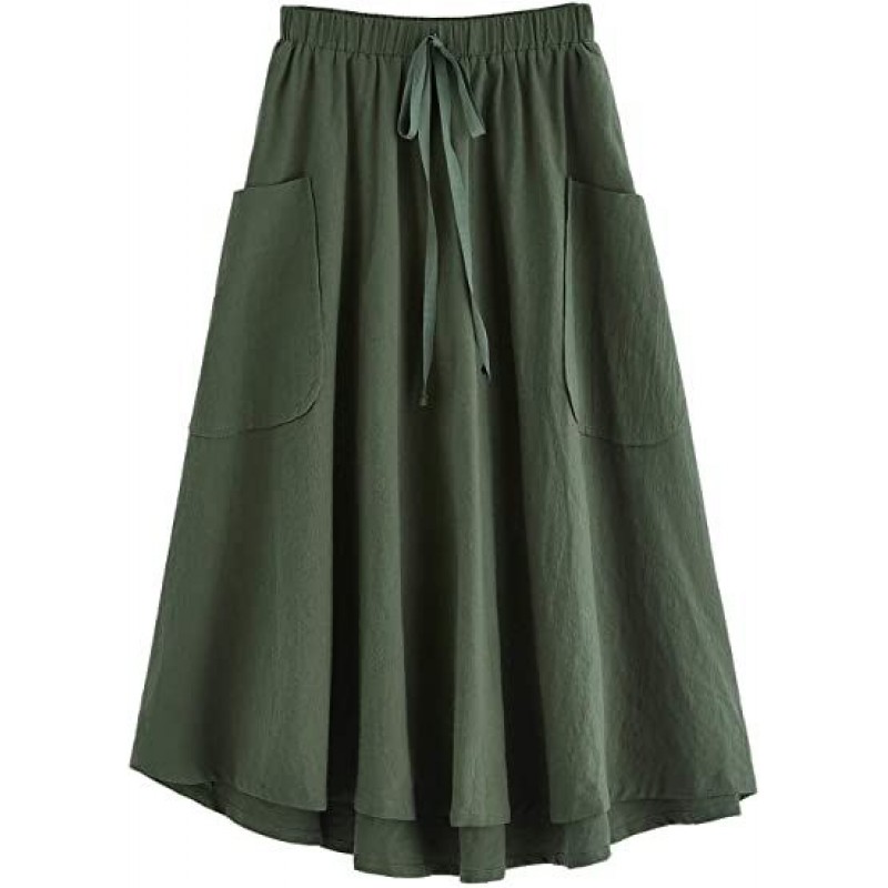     Women's Casual High Waist Pleated A-Line Midi Skirt with Pocket