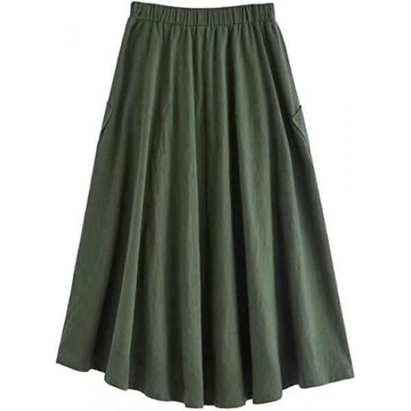     Women's Casual High Waist Pleated A-Line Midi Skirt with Pocket