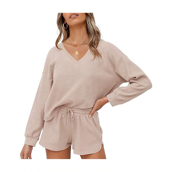 Women's Long Sleeve Waffle Lounge Sets V Neck Top ...